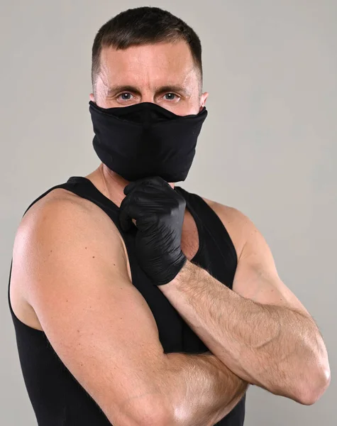 Gezondheidszorg Medisch Concept Man Zwart Beschermende Hygiënische Masker Handschoenen Grijze — Stockfoto