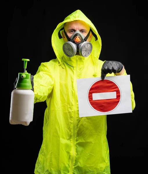 Covid Coronavirus Infection Concept Man Protective Respirator Gloves Holding Disinfecting — Stock Photo, Image