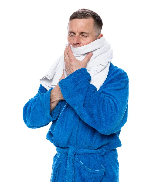 Healthcare Pain Stress Concept Sick Man Bathrobe Wrapped Towel White — Stock Photo, Image