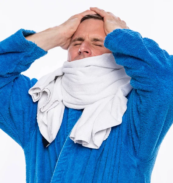 Cuidados Saúde Dor Conceito Stress Homem Doente Roupão Banho Envolto — Fotografia de Stock