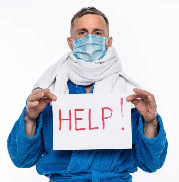 Gesundheitswesen Schmerz Coronavirus Konzept Kranker Mann Mit Schutzmaske Bademantel Ein — Stockfoto