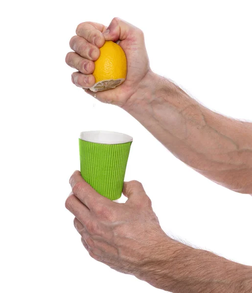 Aumentare Immunità Concetto Sanità Maschio Spremitura Metà Limone Bicchiere Sfondo — Foto Stock