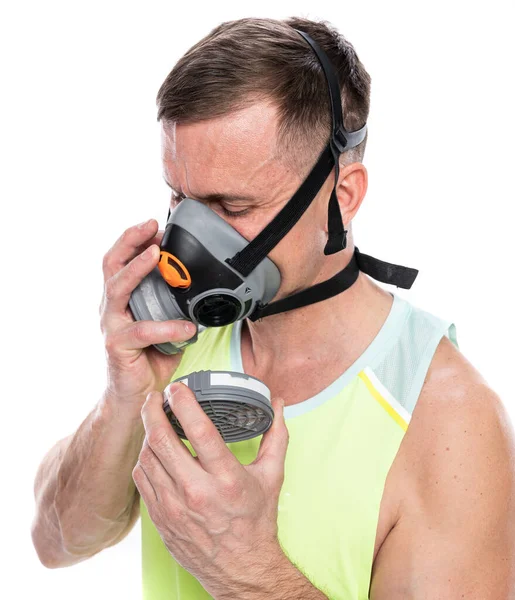 Coronavirus Och Sjukvård Koncept Andningsskydd Porträtt Ung Man Respirator Över — Stockfoto