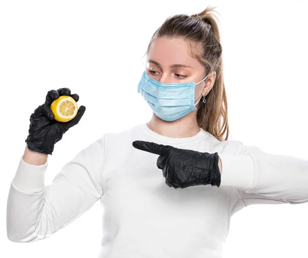 Renforcer Immunité Concept Santé Adolescente Masque Protection Gants Tenant Citron — Photo