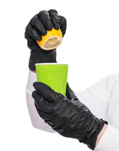 Aumentar Inmunidad Concepto Salud Mano Femenina Con Guantes Exprimiendo Mitad — Foto de Stock