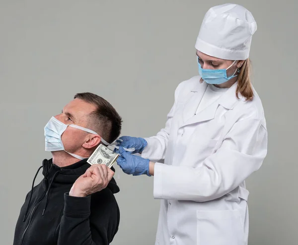 Covid Coronavirus Infektion Koncept Läkare Handskar Och Mask Som Säljer — Stockfoto