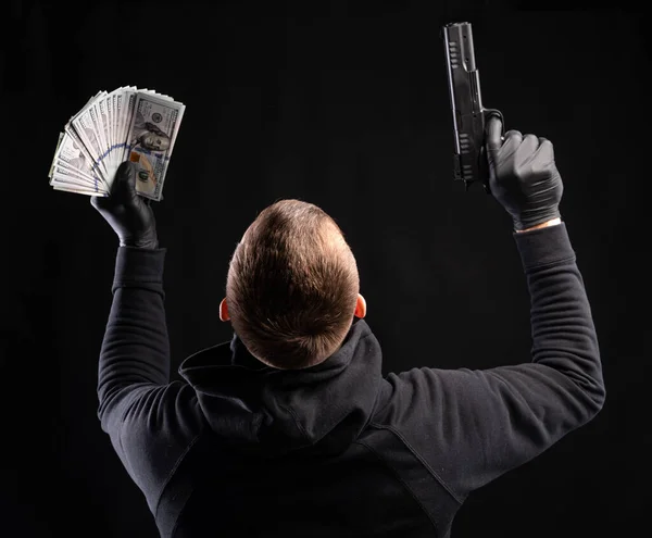 Homme Capuche Noir Avec Pistolet Paquet Dollars Sur Fond Noir — Photo