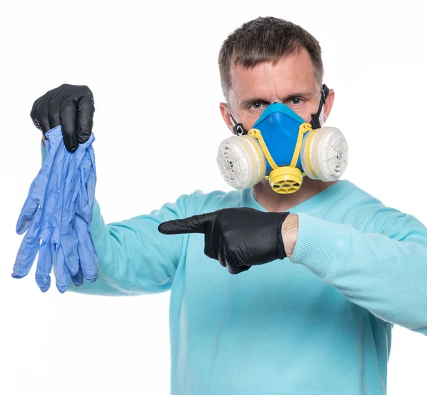 ヘルスケアとCovid 19のコンセプト 白い背景の上に保護手袋を示すマスクと手袋の男 — ストック写真