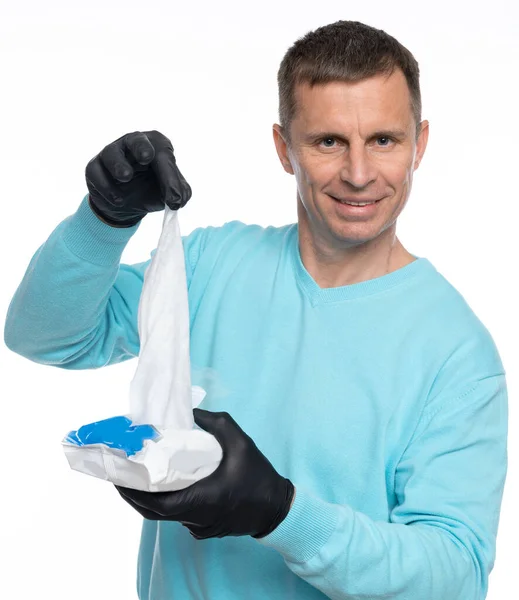 Salud Concepto Covid Hombre Con Guantes Con Toallitas Antibacterianas Mojadas — Foto de Stock