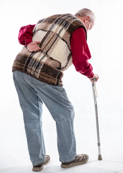 Healthcare Concept Unhappy Senior Man Cane Suffering Pain Back Reins — Stock Photo, Image