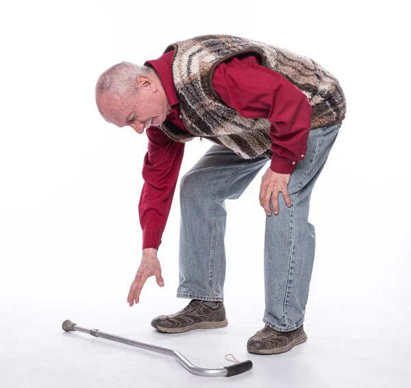 Healthcare Concept Unhappy Senior Man Cane Suffering Pain Back Reins — Stock Photo, Image