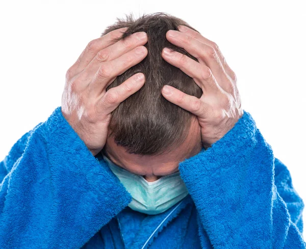 Opieka Zdrowotna Ból Koncepcja Stresu Chorym Masce Ochronnej Mężczyzna Cierpiący — Zdjęcie stockowe