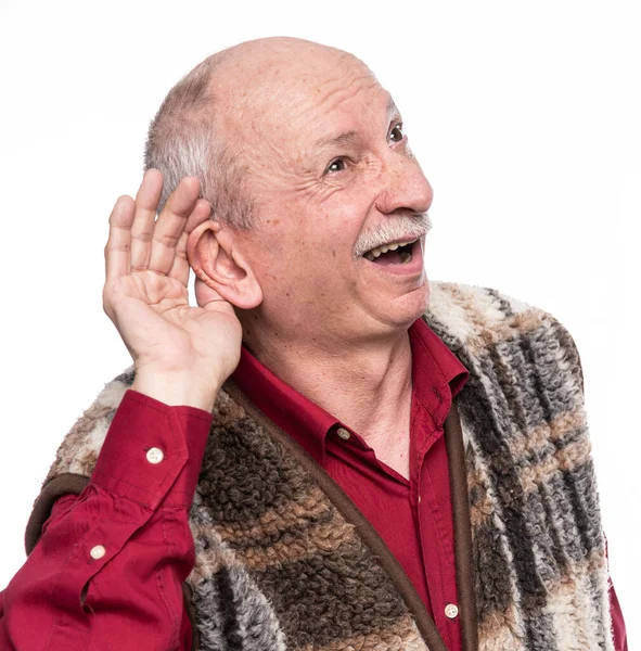 Concepto Salud Medicina Retrato Del Hombre Mayor Poniéndose Mano Oreja —  Fotos de Stock