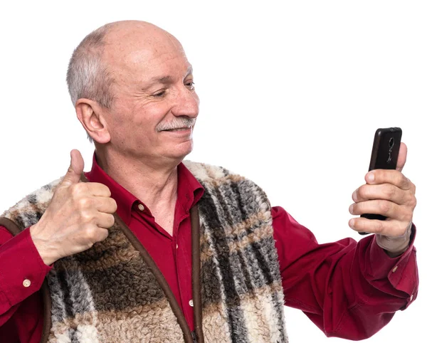 Homem Sênior Com Telefone Celular Posando Estúdio Sobre Fundo Branco — Fotografia de Stock