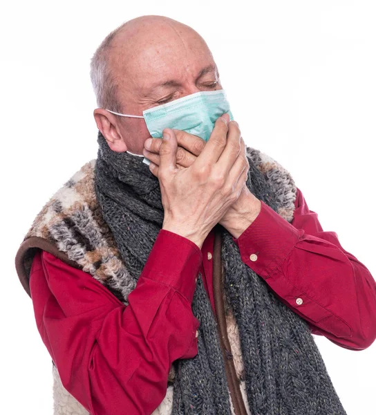 Sundhedspleje Medicinsk Koncept Senior Mand Beskyttende Maske Lider Influenza Hvid - Stock-foto