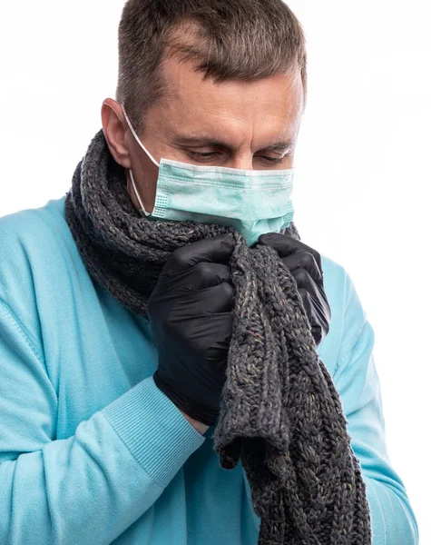 Gesundheitswesen Und Medizinisches Konzept Mann Mit Schutzmaske Und Grippeschutzhandschuhen Vor — Stockfoto