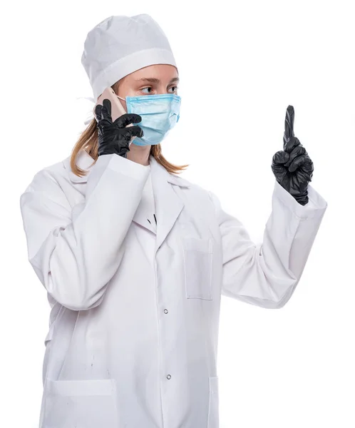 Salud Concepto Médico Mujer Doctora Guantes Protectores Máscara Sobre Fondo —  Fotos de Stock