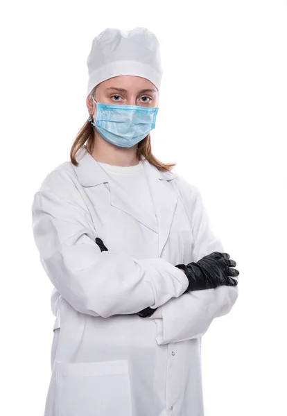 Salud Concepto Médico Mujer Doctora Guantes Protectores Máscara Sobre Fondo —  Fotos de Stock