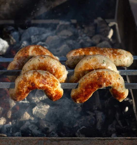 Grilled Sausages Grill Smoke Outdoors — Stock Photo, Image