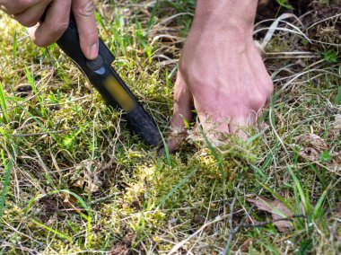 Ormanda hazine arayan metal dedektörlü bir adam.
