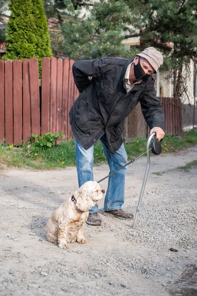 晴れた日に犬と杖を歩く老人 — ストック写真