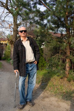 Güneşli bir günde elinde bastonla poz veren mutlu kıdemli bir adam.