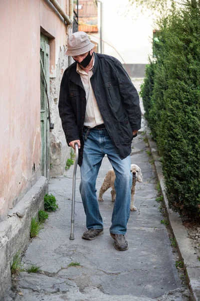 Homem Sênior Máscara Protetora Com Uma Bengala Andando Com Cachorro — Fotografia de Stock