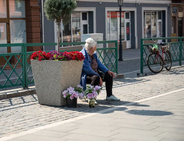 Uzhhorod Ukraine April 2020 Old Woman Selling Flowers Street Uzhhorod — Stock Photo, Image