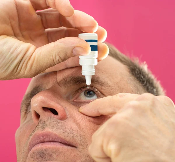 Healthcare Medical Concept Closeup View Young Man Applying Eye Drop — Stock Photo, Image