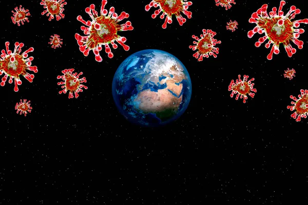 Planet Earth next to Covid-19 virus or Coronavirus with stars and deep space in the background with space for text