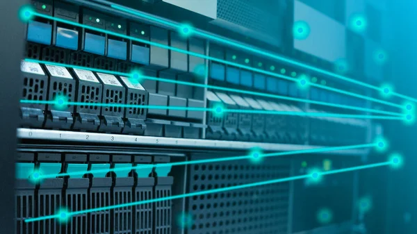 Rechenzentrumstechnologie Eine Menge Server Speicher Stromkabel Und Switch Verwenden Internet — Stockfoto