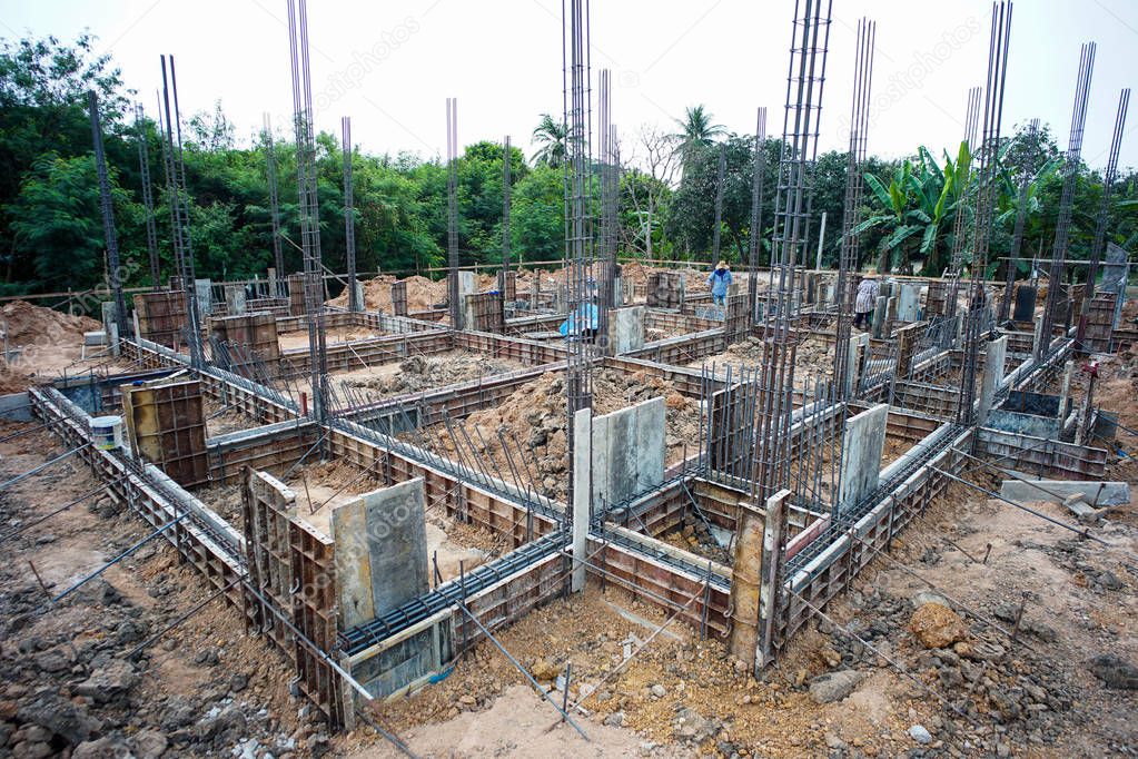Landscape of house under construction site with reinforcement steelwork