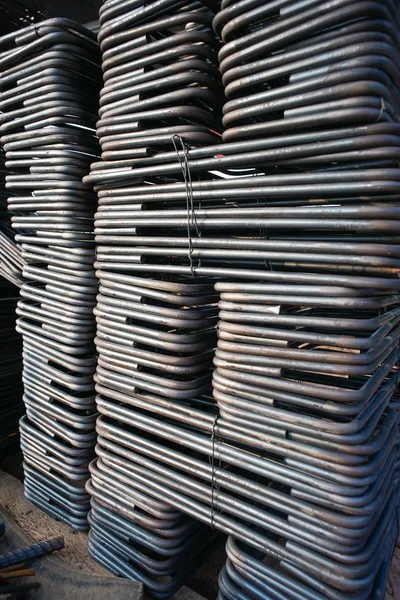 Closeup pile of steelwork for reinforcement concrete structure at the construction site — 스톡 사진