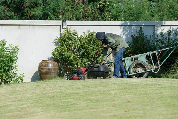 Retrato Jardinero Empujando Carro Siega Campo Hierba — Foto de Stock