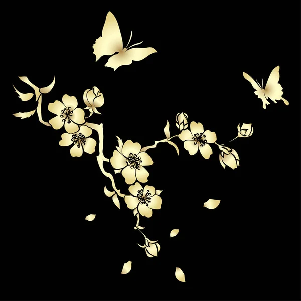 Ramita flores de cerezo y mariposas — Archivo Imágenes Vectoriales
