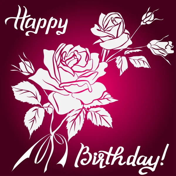 Feliz aniversário lettering e rosa no fundo roxo — Vetor de Stock