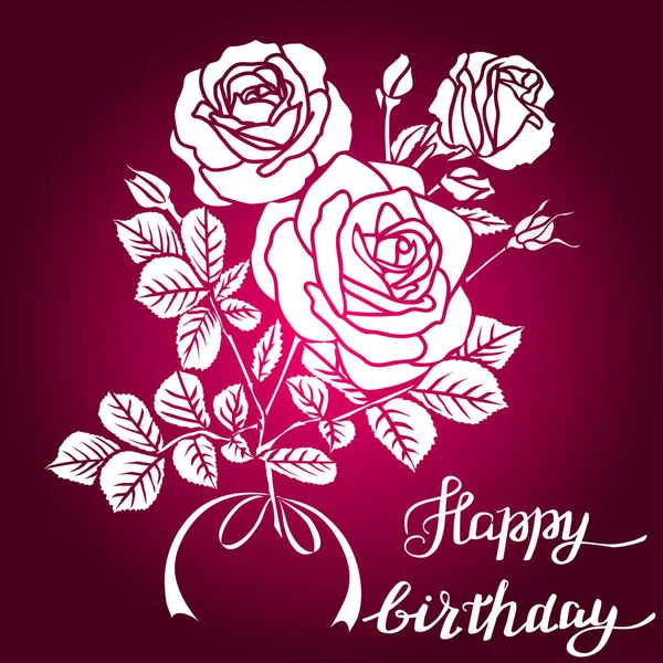 Feliz aniversário lettering e rosa no fundo roxo — Vetor de Stock