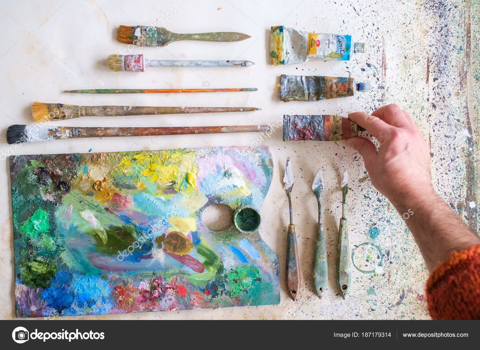 Set Real Accessories Artist Palette Paints Brushes Palette Knife