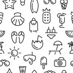 Summer, travel and beach sketch seamless pattern in black and white ...