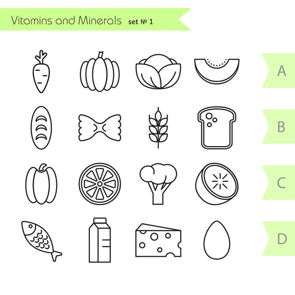 Conjunto de vegetais e ícones de frutas — Vetor de Stock