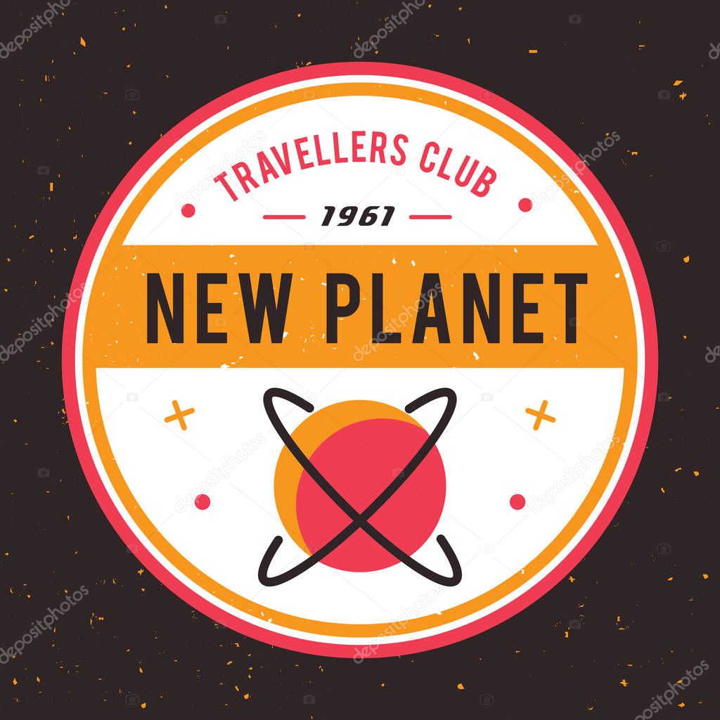 Space emblem with planet in vintage style. Colored vector illustration.