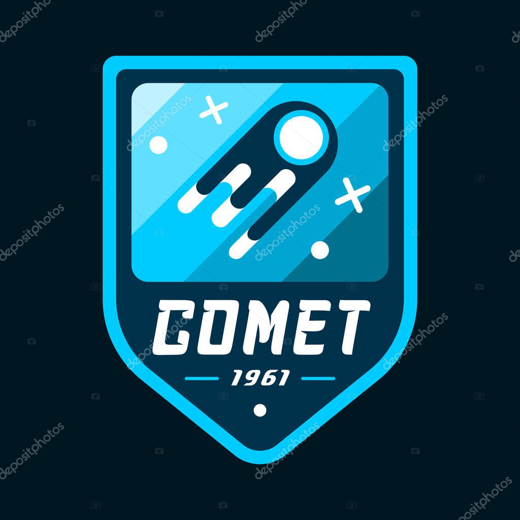 Space emblem with comet in vintage style. Colored vector illustration.