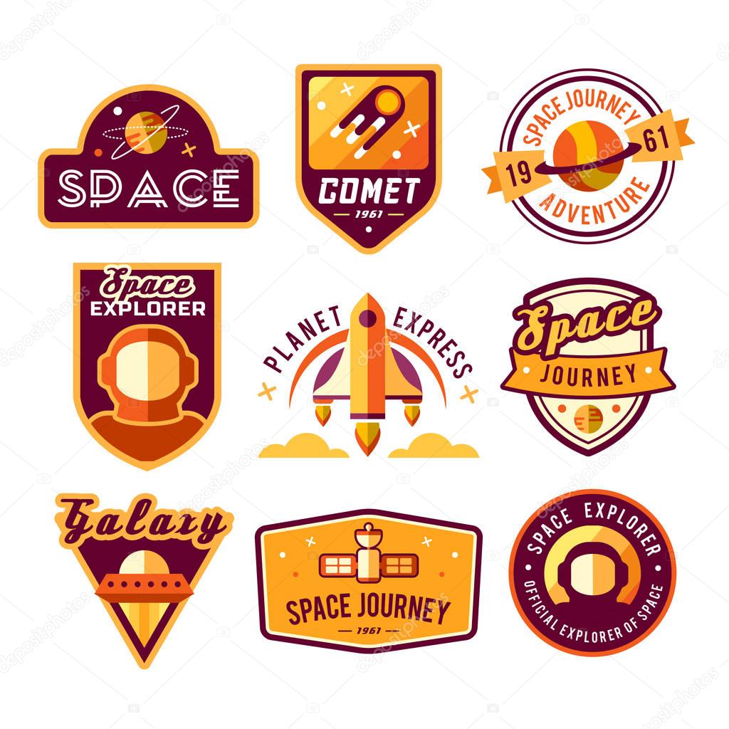 Set of space badges, emblems, logos and labels in vintage style. Colored vector illustration.