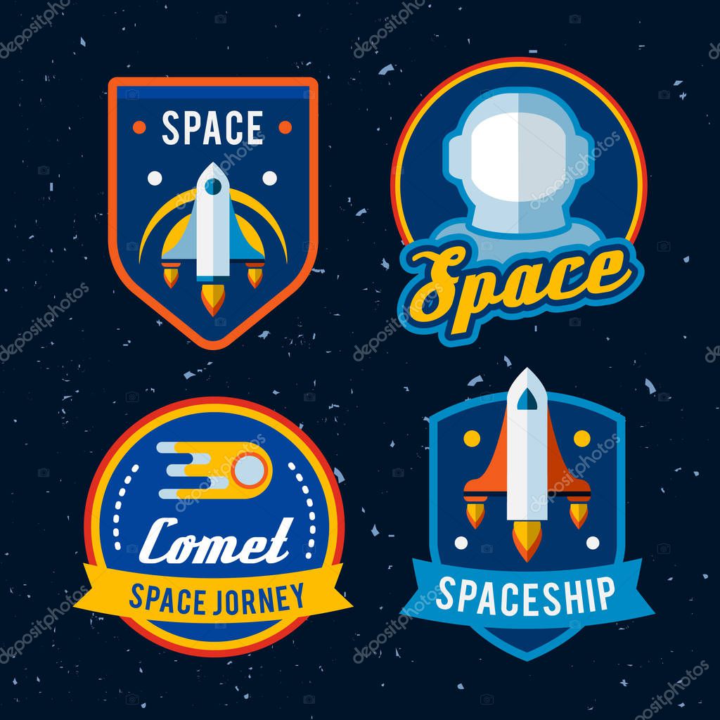 Set of space badges, emblems, logos and labels in vintage style. Colored vector illustration.