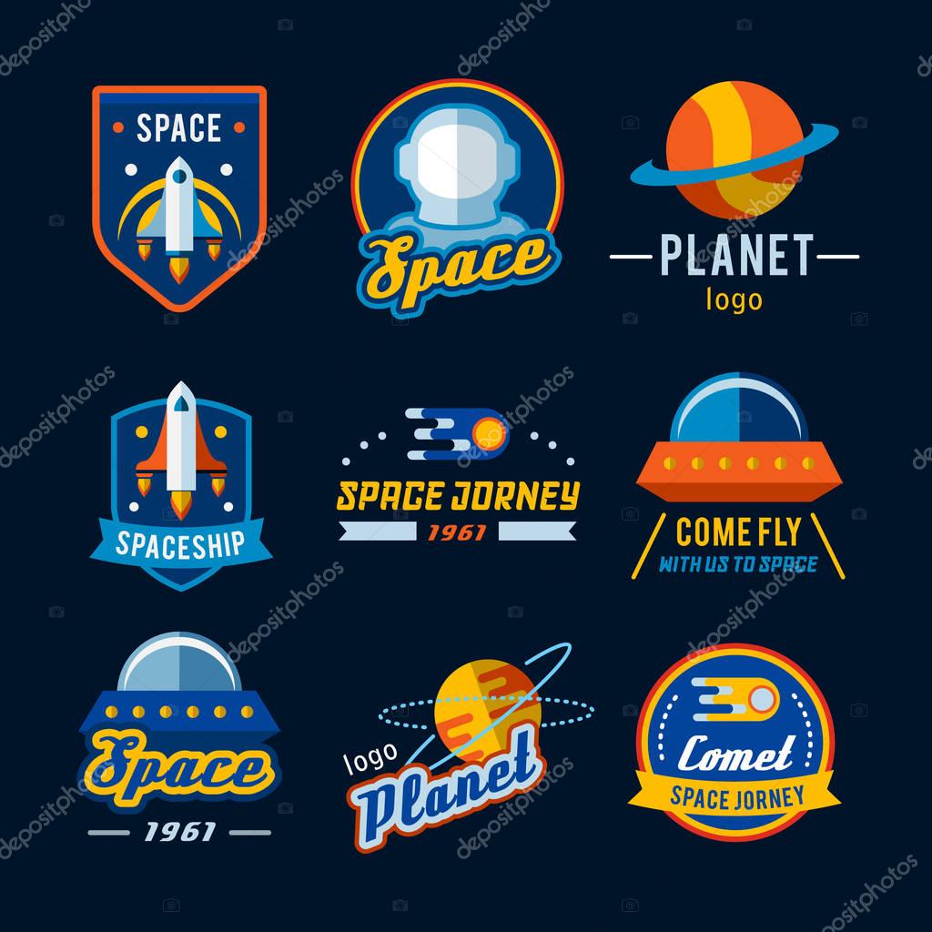 Set of space badges, emblems, logos and labels in vintage style. Colored vector illustration.