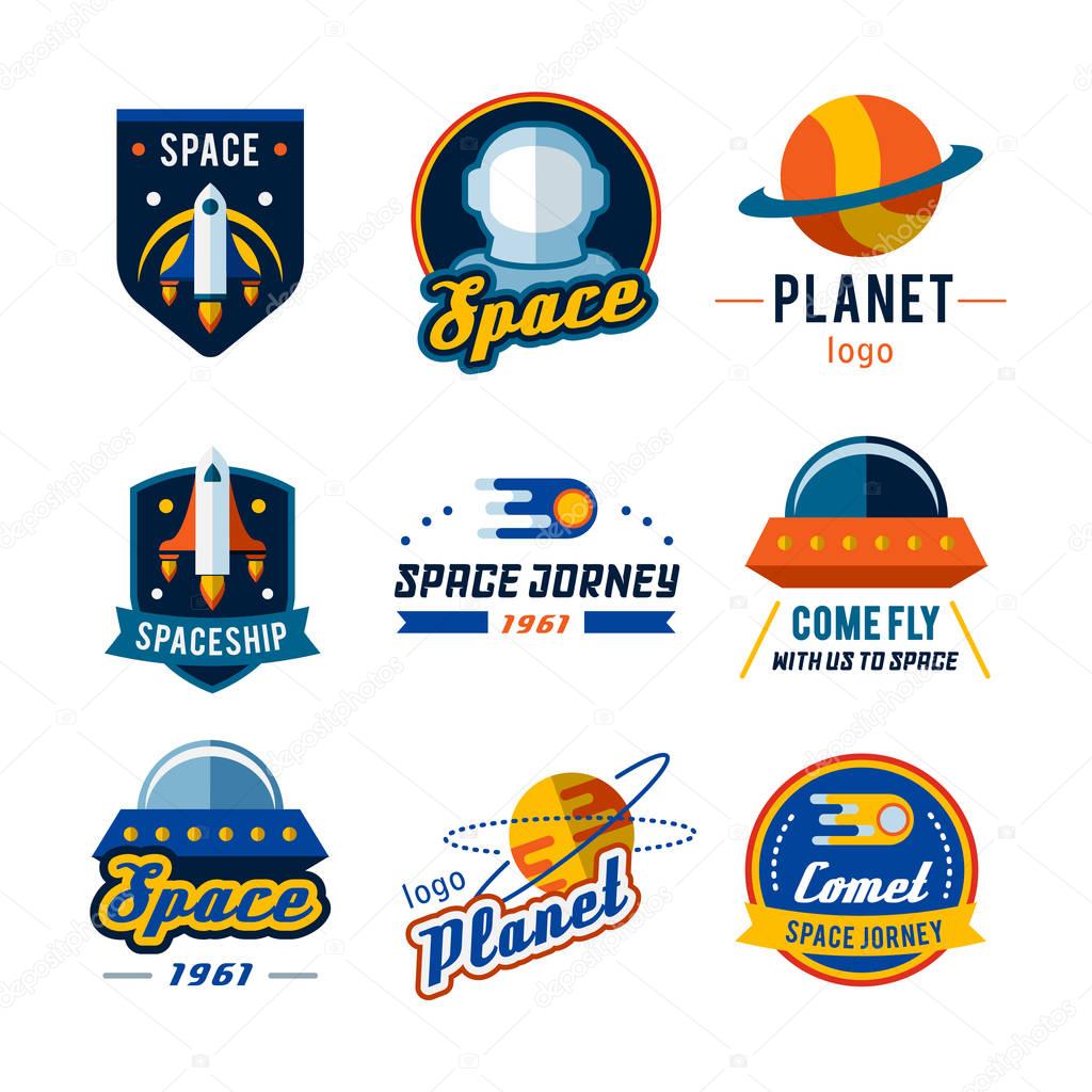 Set of space badges, emblems, logos and labels in vintage style. Colored vector illustration.