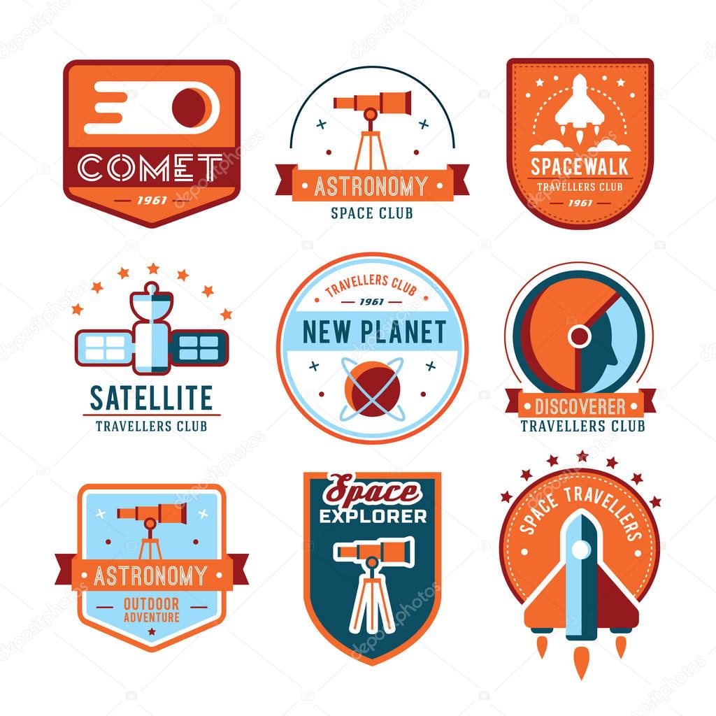 Set of space badges, emblems, logos and labels in vintage style. Colored vector illustration.