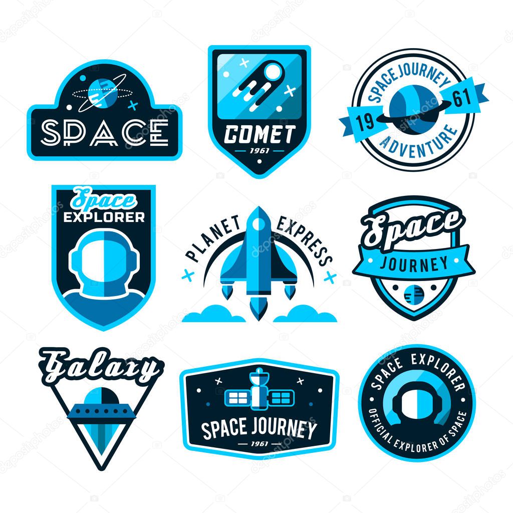 Set of space badges, emblems, logos and labels in vintage style. Colored vector illustration.