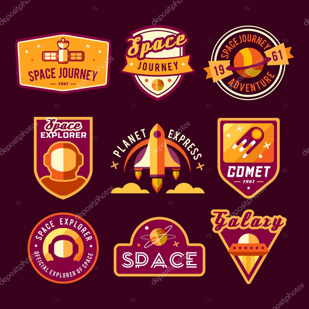 Set of space badges, emblems, logos and labels in vintage style. Colored vector illustration.
