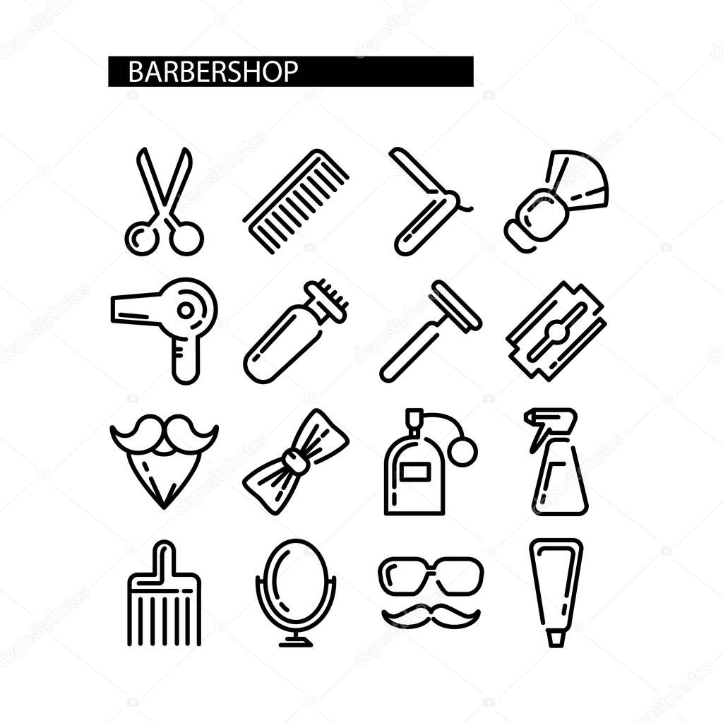 Composition of flat icons for barber shop advertising. Vector elements for your web design, in linear illustration style